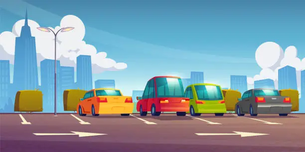 Vector illustration of Cars standing in city parking lot - cartoon vector