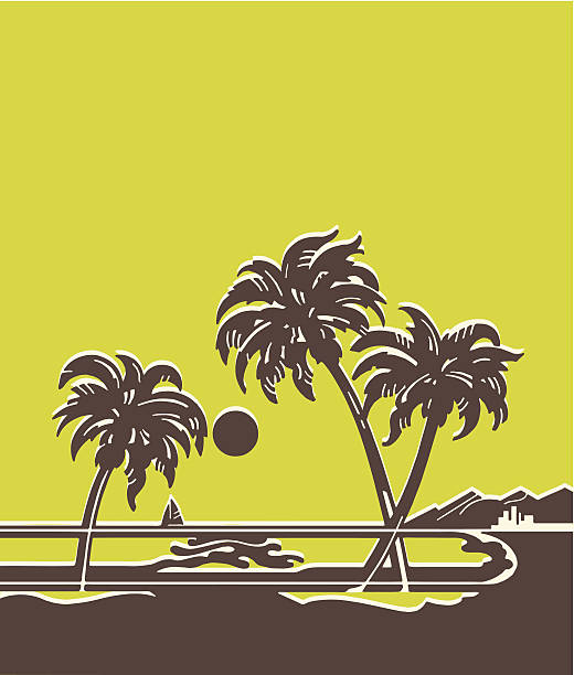 тропический пейзаж с пальмами - beach retro revival old fashioned palm tree stock illustrations