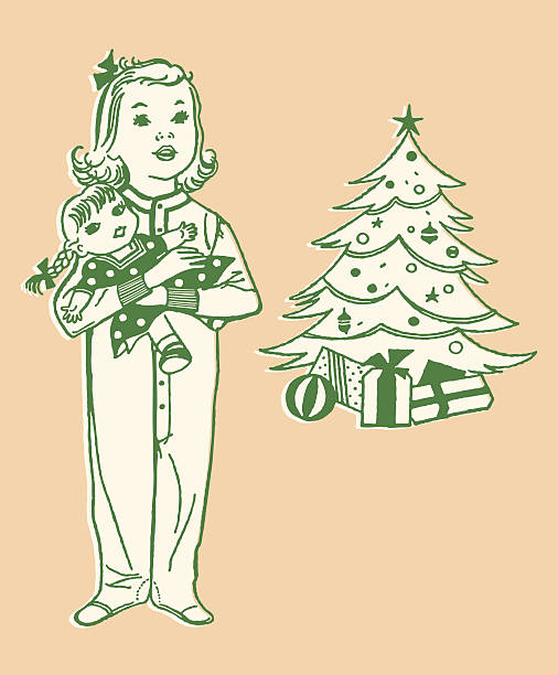 Little Girl Holding Doll at Christmas