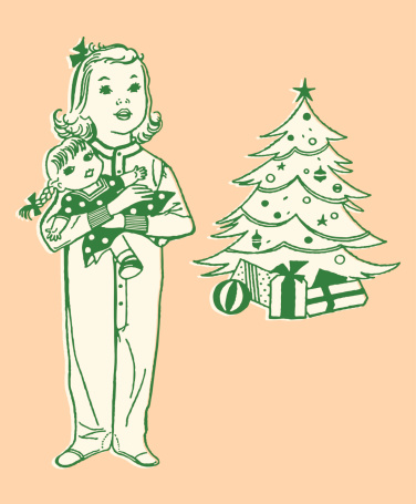 Little Girl Holding Doll at Christmas
