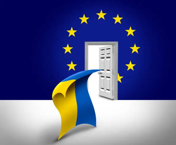 Ukraine Entering The European Union concept as the Ukrainian flag and the EU symbol joining together as an open door for accession membership as an EU candidate.