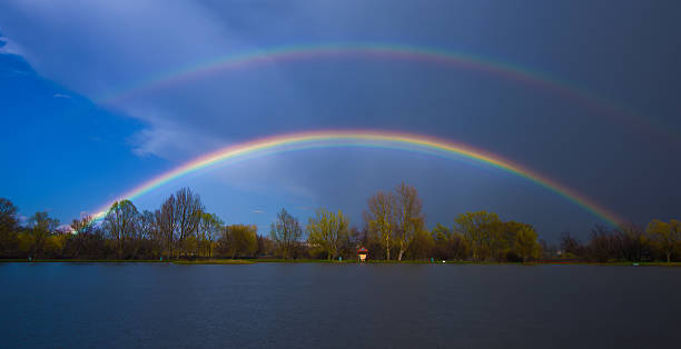 istock double rainbow over the lake 185684771