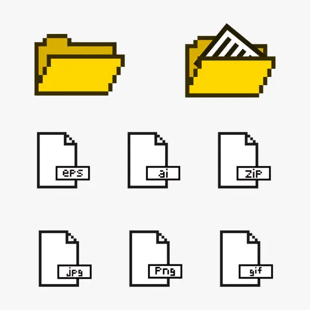 Vector illustration of Folder and file icon pixel art, set of pixel icon file folders web 8bit style.
