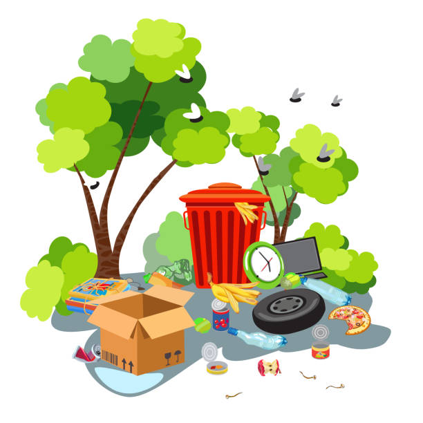 A trash can with a variety of unsorted trash against a background of green trees. Environment conservation concept. Vector A trash can with a variety of unsorted trash against a background of green trees. Environment conservation concept. Vector illustration sorter machine stock illustrations