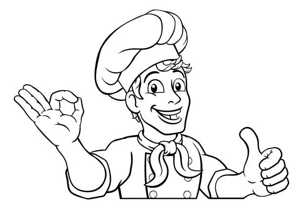 Vector illustration of Chef Cook Baker Man Cartoon Peeking Over Sign