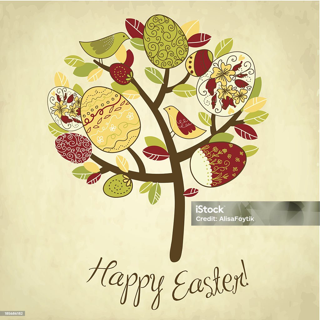 Tarjeta de Pascua con huevos árbol y pájaros - arte vectorial de Abril libre de derechos