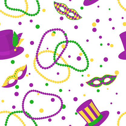 Mardi gras vector seamless pattern with beads, carnival masks and hats