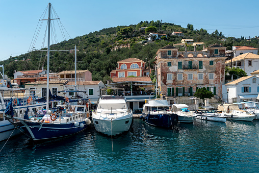 Gaios, Greece - August 20, 2023. The port of Gaios, the capital of the Greek island of Paxos, nearby Corfu island, Greece