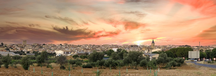 Panoramic view at sunset of Tarazona de la Mancha, La Mancha winegrowing town in the province of Albacete, Castilla La Mancha, Spain