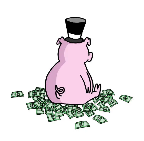 Vector illustration of Back, rear view of a cute millionaire rich pig cartoon character wearing galley and sitting on lots of dollar bills. Colorful funny conceptual hand drawn style vector illustration.