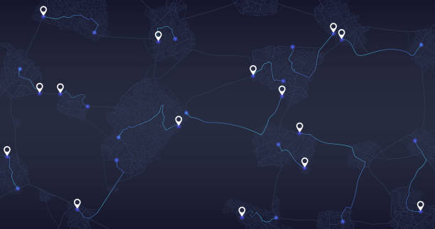 istock The path from a points to the intended goals, destinations, signs. roads throughout map. Navigation mapping technology for obtaining data on distance and turns of the path. location tracks dashboard 1856896418