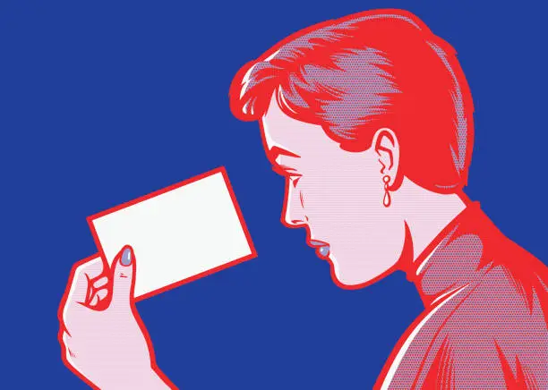 Vector illustration of Comic book woman with the blank card in her hands, reading message