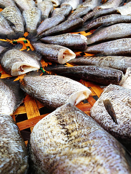 drying snakeskin gourami fishes in local market, Thailand,Photo captured with an iPhone