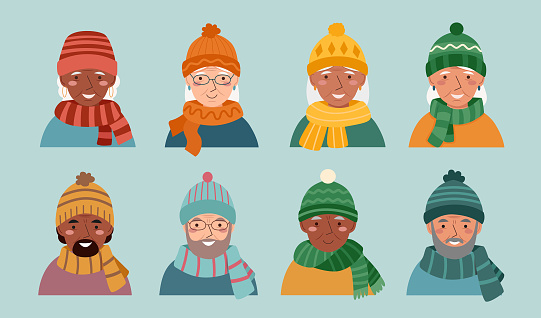 Set of seniors people in warm hats and scarfs isolated on a blue background.