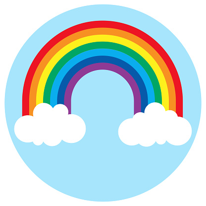 eps vector illustration showing wonderful colored rainbow with white clouds at the ends and round blue background
