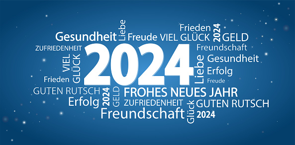 eps vector file with word cloud with new year 2024 greetings and blue background