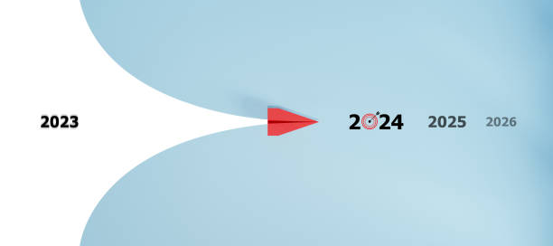 istock red plane is heading to 2024 target. business creativity new idea discovery innovation technology. new year idea concept. 1856945262
