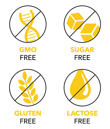 Lactose, Gluten, GMO, Sugar free fresh style icons