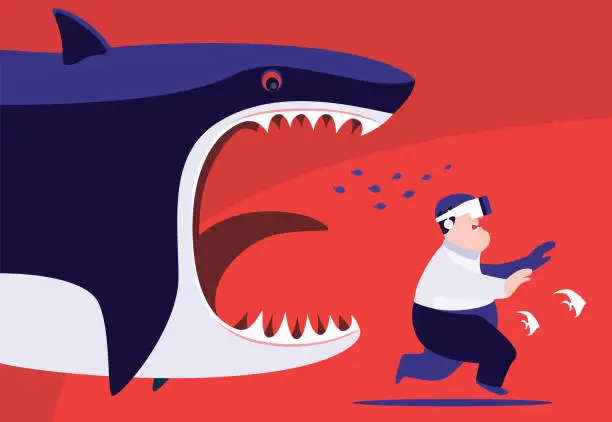 Vector illustration of fat man wearing VR headset and running while angry shark chasing