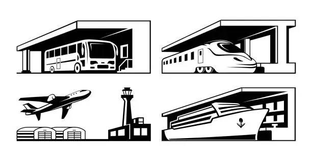 Vector illustration of Stations public transport bus train airplane and ship monochrome line set isometric vector