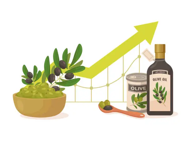 Vector illustration of Bottle of olive oil and olives