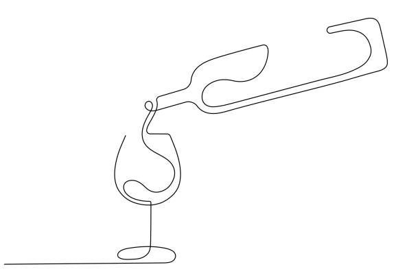 ilustrações, clipart, desenhos animados e ícones de derramando vinho na arte da linha do wineglass, ilustração do stock - champagne flute wine isolated wineglass