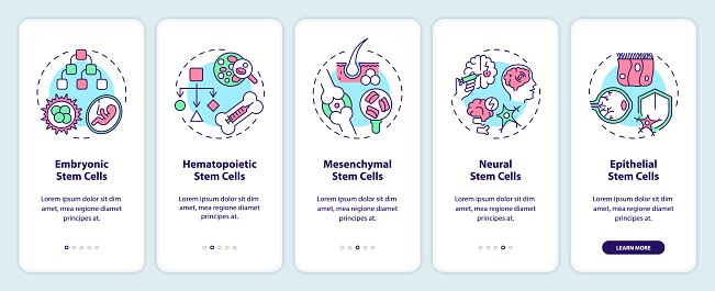 2D icons representing types of stem cell mobile app screen set. Walkthrough 5 steps multicolor graphic instructions with linear icons concept, UI, UX, GUI template.