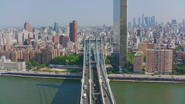 AERIAL Manhattan Bridge from Dumbo neighbourhood, Brooklyn, NYC