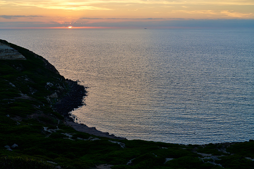 Capo San Marco cliff at sunset. San Giovanni di Sinis. Cabras Municipality. Province of Oristano. Sardinia. Italy.