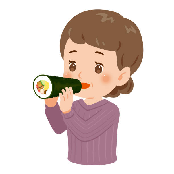 Middle aged woman eating ehomaki　Upper body Middle aged woman eating ehomaki　Upper body mature woman healthy eating stock illustrations