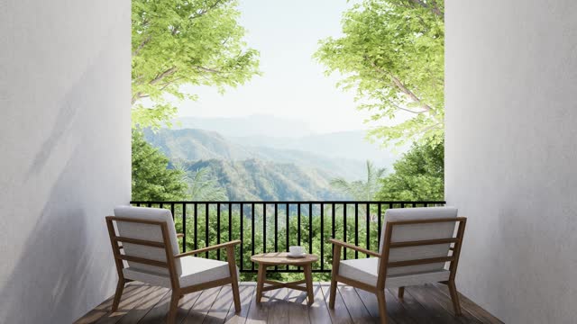 Animation of modern contemporary room terrace with nature view 3d render