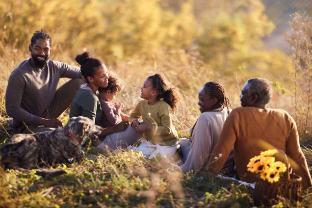 istock Happy black multi-generation family talking on picnic in nature. 1857071189