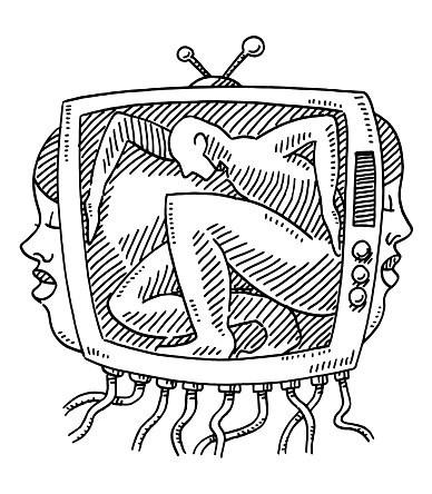 Hand-drawn vector drawing of a Trapped Figure In TV, Bizarre Dreaming Concept. Black-and-White sketch on a transparent background (.eps-file). Included files are EPS (v10) and Hi-Res JPG.