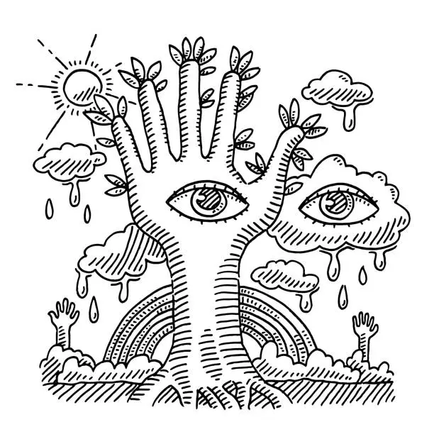 Vector illustration of Fantasy World Hand Tree Eyes And Clouds Drawing