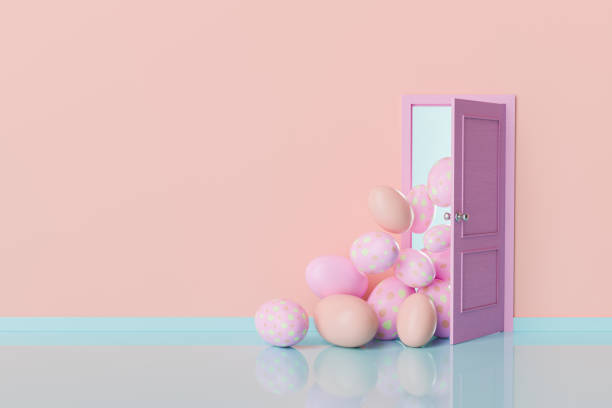 istock Pastel Easter Eggs Spilling Out from a Purple Door on Peach Background 1857079078