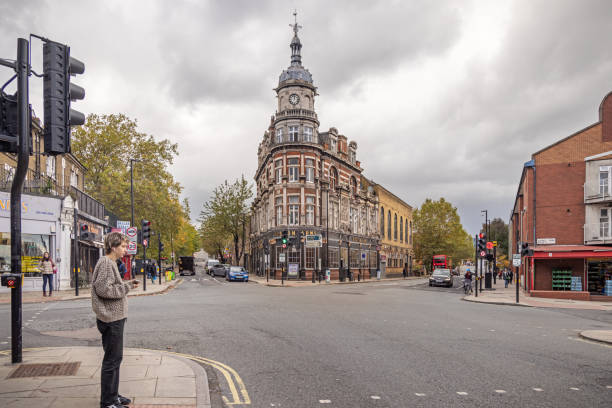 Dartmouth Park Hill, Highgate, London, England - October 31th 2023:  Old residential building on a street corner in a suburb to London