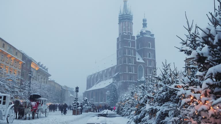 Timelapse Magical Winter Day with Heavy Snowfall at Christmas Market of Krakow, Poland