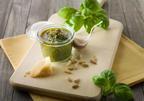 arrangement  of ingredient for a Italian Pesto with Basil, Parmesan and pine nut