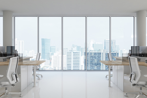 Minimal style white office with city view 3d render,There are white floor furnished with white chair and wooden table large windows overliooking cityscape outside.