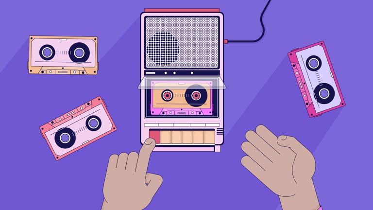 Inserting cassette tape into player lo fi animated cartoon background