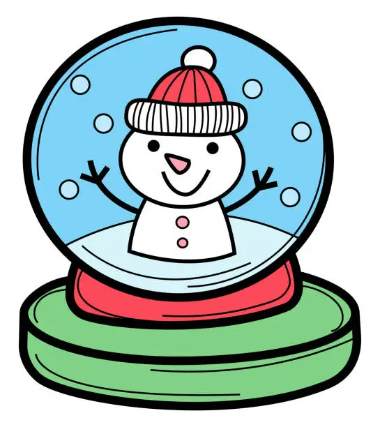 Vector illustration of Christmas crystal ball with funny snowman cartoon