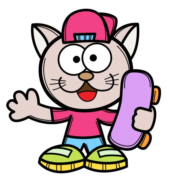 Vector illustration of Funny cat with hat holding skateboard cartoon