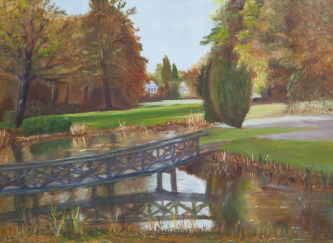 Painting of a wooden bridge in nature
