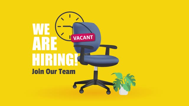 We are hiring label. Join Our Team. Office Chair, Vacant. 4K Motion graphics.