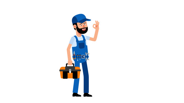 Handyman with toolbox pops up and shows ok gesture.