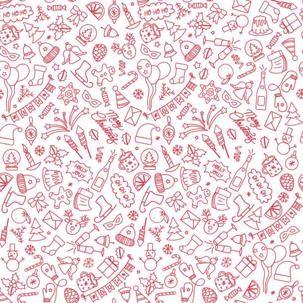 Vector illustration of Cute Christmas seamless pattern. Vector hand-drawn illustration in doodle style. New Year's gifts, Christmas balls, twigs, garlands, stars, festive confetti. Perfect for wrapping paper, packaging.