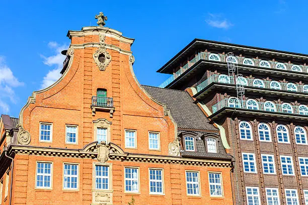Two historic old buildings seen in Hamburg, Germany