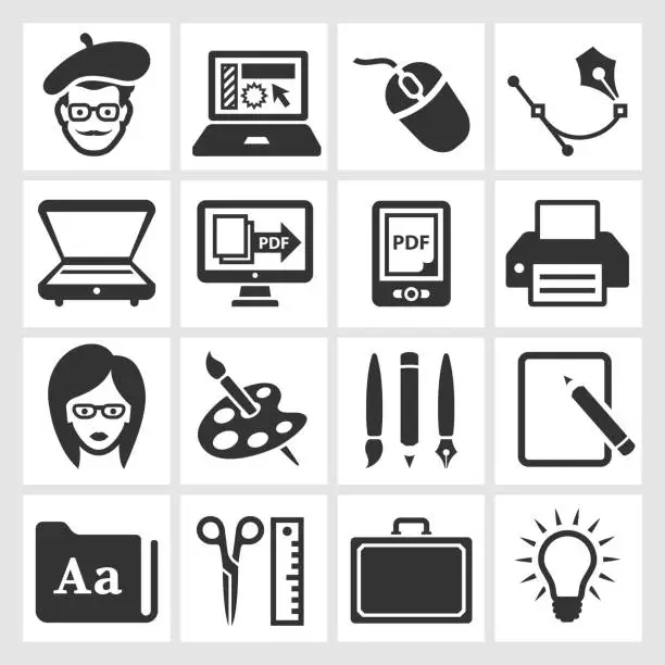 Vector illustration of Graphic Designer and Computer Illustration black & white icon set