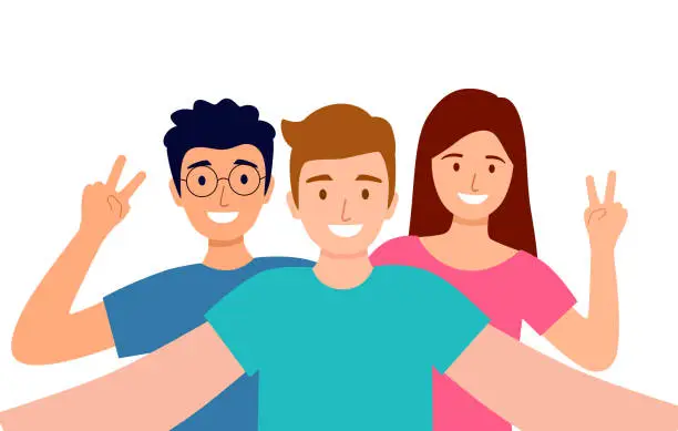 Vector illustration of Group of three friends taking a selfie and smiling at camera. Friendship.