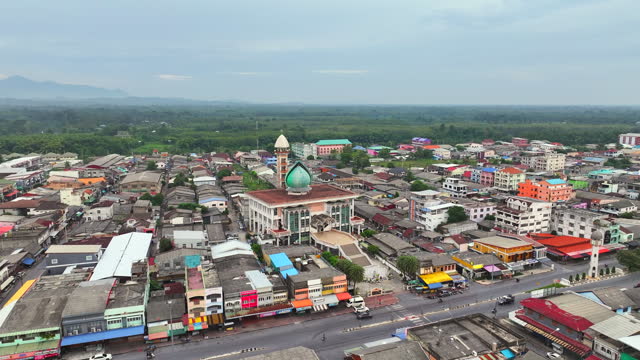 Aerial Drone Sunrise Scene of Yala Central Mosque, South of Thailand, Yala Province